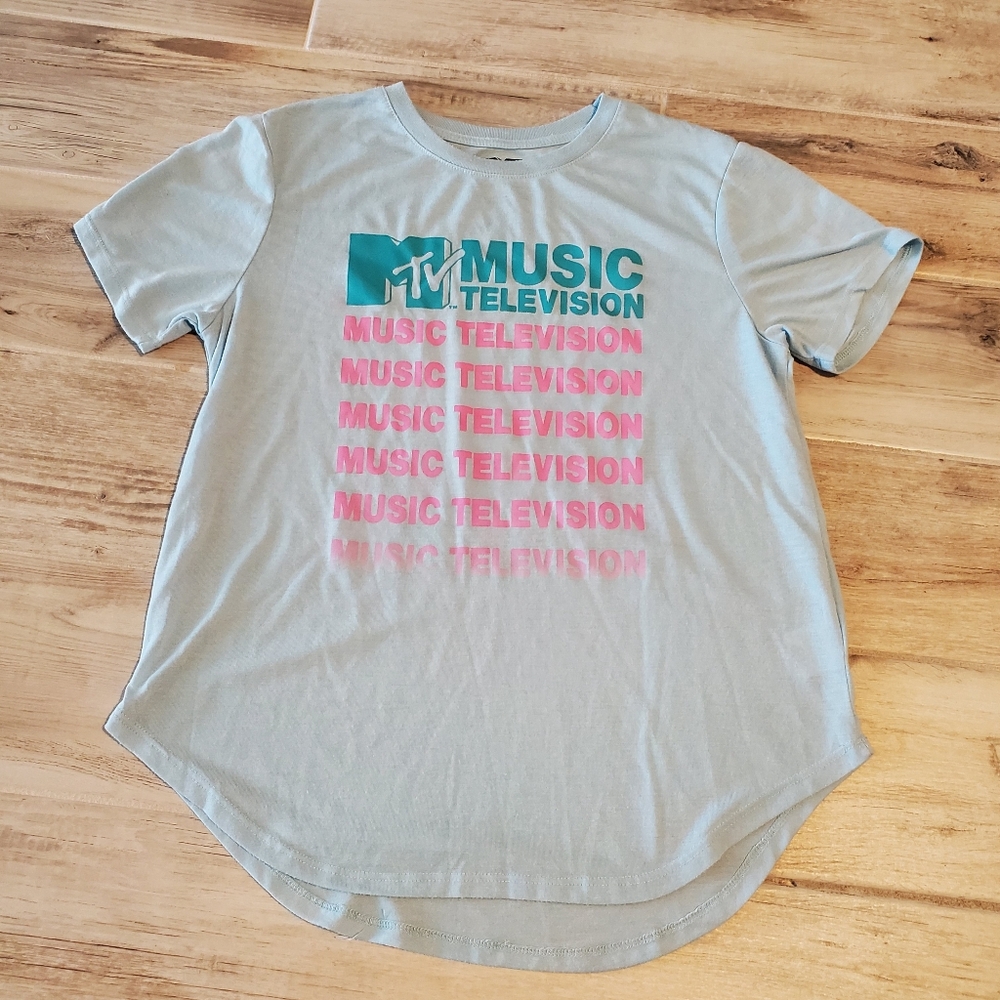 MTV Graphic T-Shirt Size L Blue 'Music Television' Juniors High Low Rounded Hem